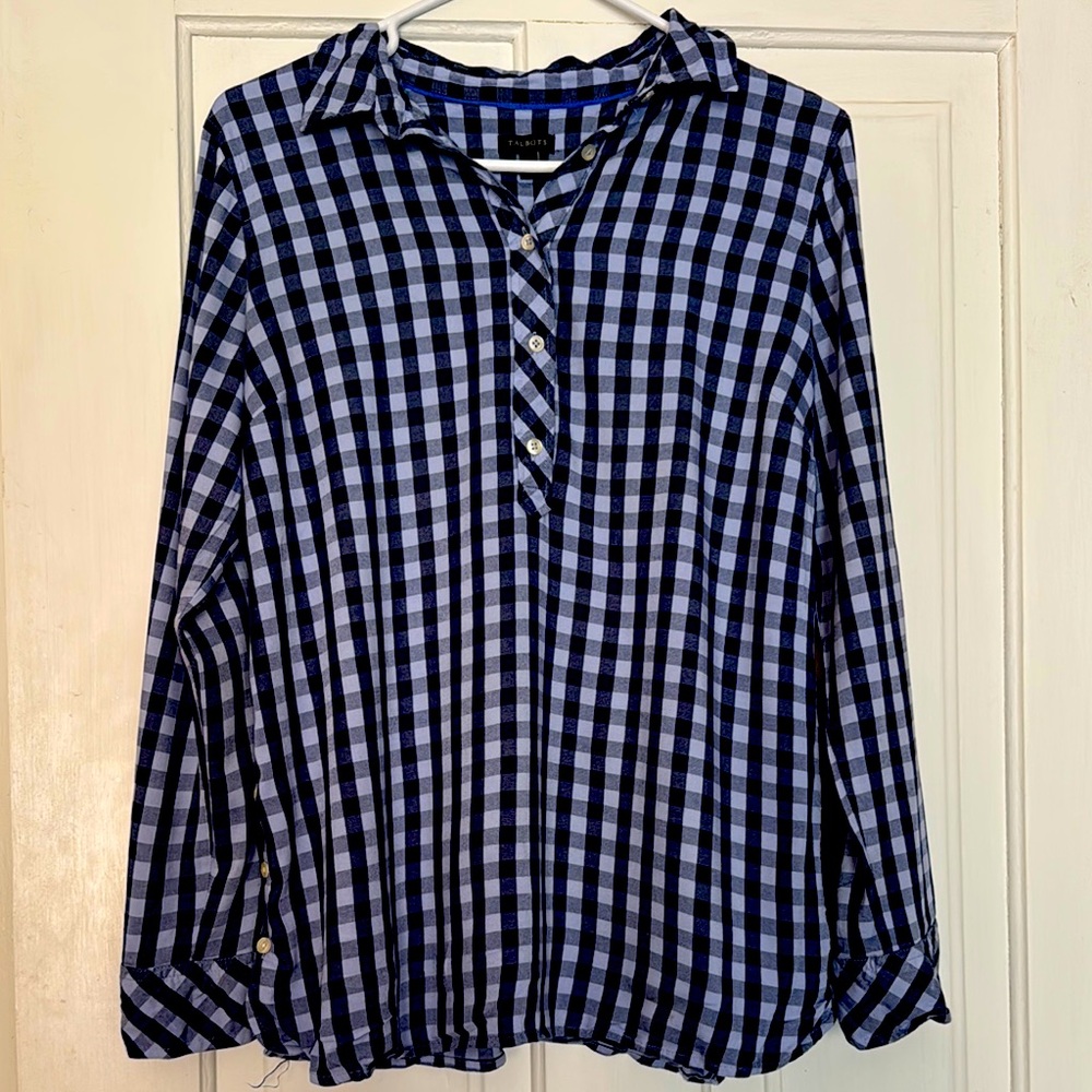 Talbots Navy and White Plaid Shirt. Size medium. Very comfortable